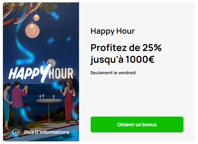 Bonus Happy Hour de 25 % jusqu'à 1000 € chez Millionz