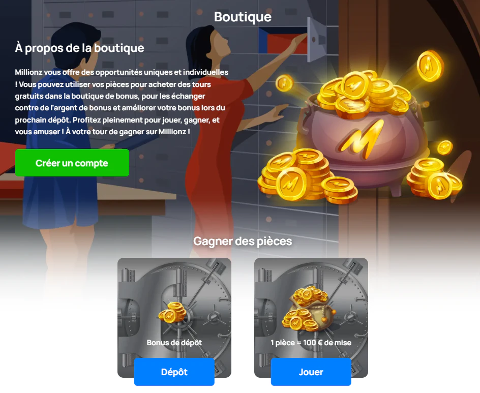 Boutique Millionz avec Coinz et récompenses de casino