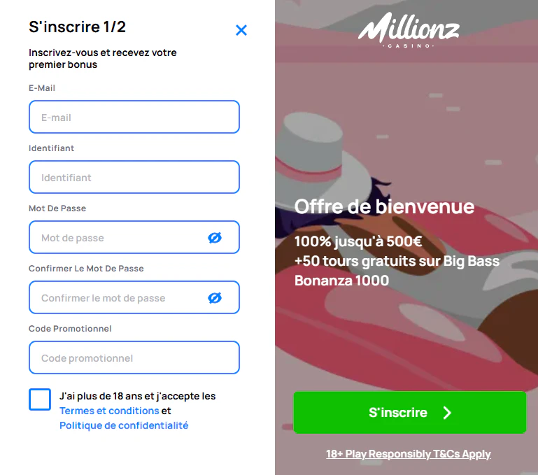 Formulaire d'inscription au casino en ligne Millionz